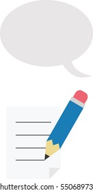 Vector blue pencil drawing lines on paper with grey speech bubble.