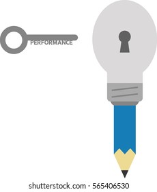 Vector blue pencil with grey light bulb tip and keyhole and grey performance key.