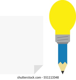 Vector blue pencil with yellow light bulb tip with blank paper.