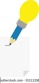 Vector blue pencil with yellow light bulb tip drawing line on paper.