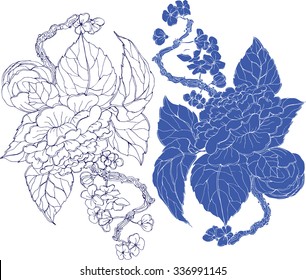 Vector blue peonies in Chinese style for textile, wedding, invitation card design and wallpaper