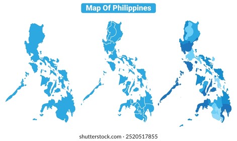 Vetor Blue Filipinas mapas políticos com regiões fronteiriças simples plano ilustração conjunto 