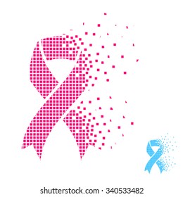 vector blue pink flying pixel ribbon - prostate breast cancer