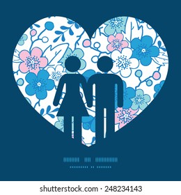 Vector blue and pink kimono blossoms couple in love silhouettes frame pattern invitation greeting card template