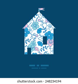 Vector blue and pink kimono blossoms house silhouette pattern frame