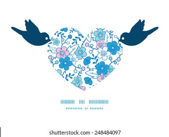 Vector blue and pink kimono blossoms birds holding heart silhouette frame pattern invitation greeting card template