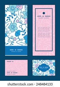 Vector blue and pink kimono blossoms vertical frame pattern invitation greeting, RSVP and thank you cards set
