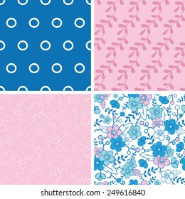 Vector blue and pink kimono blossoms set of four marching repeat patterns backgrounds