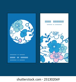 Vector blue and pink kimono blossoms vertical round frame pattern business cards set