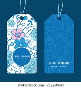 Vector blue and pink kimono blossoms vertical round frame pattern tags set