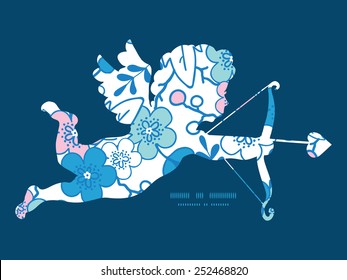 Vector blue and pink kimono blossoms shooting cupid silhouette frame pattern invitation greeting card template
