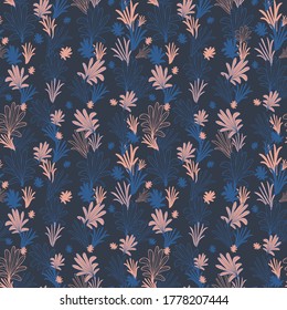 Vector blue pink leaves, palms seamless pattern