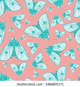 Vector blue and pink moths pattern. Suitable for gift wrap, textile or wallpaper.