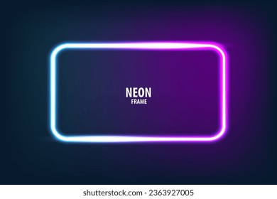 Vector blue and pink power glowing bulb banner, light line or neon frame for your design.Neon rectangle lamp wall isolated on blue background.