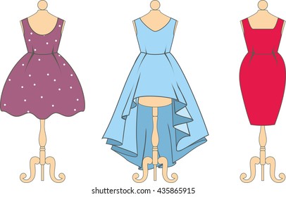 Vestidos azul, rosa e vermelho vetoriais no manequim
