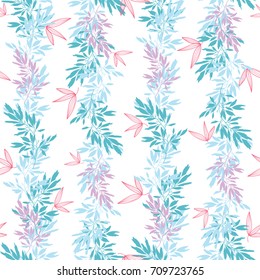 Vector blue pink tropical leaves summer vertical seamless pattern borders set with tropical pink, blue plants and leaves on white background. Great for vacation themed fabric, wallpaper, packaging.