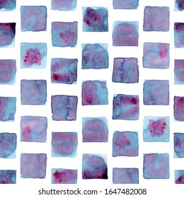 Vector blue and pink watercolor squares seamless pattern white background