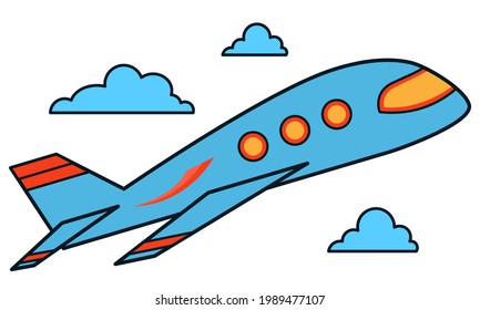 Vector blue plane with clouds. Icon of an airplane flying in the sky with clouds on a white background in flat style with an outline. Vector plane isolated on white background