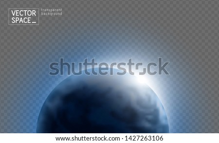 Vector blue planet Earth with sunrise in space isolated on transparent background. Blue globe illustration. Sciense astronomy design element