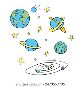Vector blue planets, space objects in doodle flat style. Simple color design elements, icons, clip art on theme of cosmos, astronomy, kids design