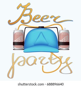 vector blue plastic helmet for drinks with two aluminum beer cans and a hose. Inscription - beer party