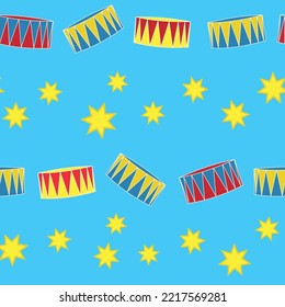 Vector blue podiums and stars seamless pattern. Colorful circus podiums loosely arranged in rows between yellow stars on a merry blue background. Part of Animal Circus collection by Tamara Rapp.