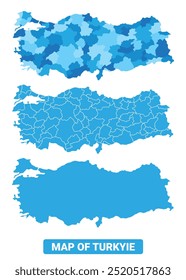 Vector Blue Türkiye political maps with borders regions simple flat illustration set 