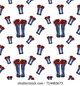 Vector blue polka dot wellies with red flowers illustration. Seamless pattern in watercolor style. Background for decoration seasonal celebration, fabrics, textile, greeting card and web banner.