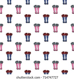 Vector blue polka dot wellies with red flowers and pink one with blue flowers illustration. Seamless pattern in watercolor style. Background for decoration celebration, fabrics, textile, cards, web.