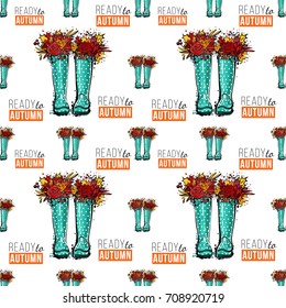 Vector blue polka-dot wellies with flowers and ready to autumn text illustration. Seamless pattern in watercolor style. Background for decoration seasonal celebration, fabrics, textile, greeting card.