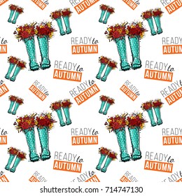 Vector blue polka-dot wellies with flowers and ready to autumn text illustration. Seamless pattern in watercolor style. Background for decoration seasonal celebration, fabrics, textile, greeting card.