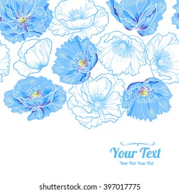 Vector blue poppies flowers horizontal frame seamless pattern background . Invitation or greeting card design.Vector illustration