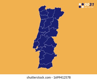 Mapa azul vectorial de Portugal sobre fondo amarillo.