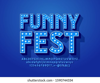 Vector blue poster Funny Fest with lamp Alphabet Letters and Numbers. Retro electric Font