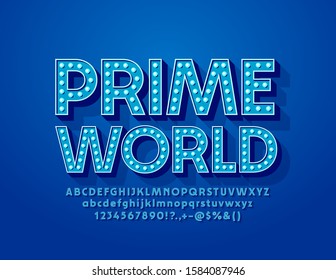 Afiche azul vectorial Primer Mundo. Fuente de moda eléctrica. Letras, números y símbolos alfabéticos iluminados