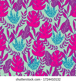 Vector blue pretty tropical leaves overall seamless pattern background