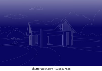 Vector blue print wire frame perspective of tropical modern house exterior.Single floor one story house .drawing line.