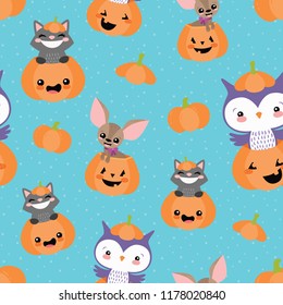 Vector Blue Pumpkin Friends Seamless Pattern. Surface Pattern Design perfect for fabric, scrapbooking, Halloween, kids, and home decor projects.