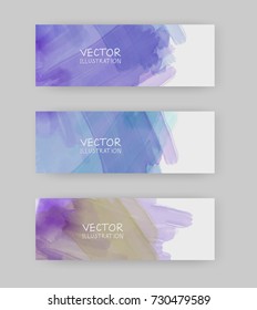 Vector blue, purple banner shapes collection isolated on white background. Hand drawn abstract paint brush strokes set. Watercolor elements.