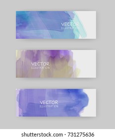 Vector blue, purple banner shapes collection isolated on white background. Hand drawn abstract paint brush strokes set. Watercolor elements.