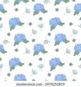 Vector blue and purple flowers alternating with grass on white background, pastel color, cute style for fabric pattern design, gift wrapping paper, notebook cover, bag, bedsheet, wallpaper, curtain.