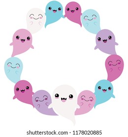 Vector Blue Purple Ghost Friends Circle Wreath. Perfect for scrapbooking, kids, stationery, Halloween, and home decor projects.