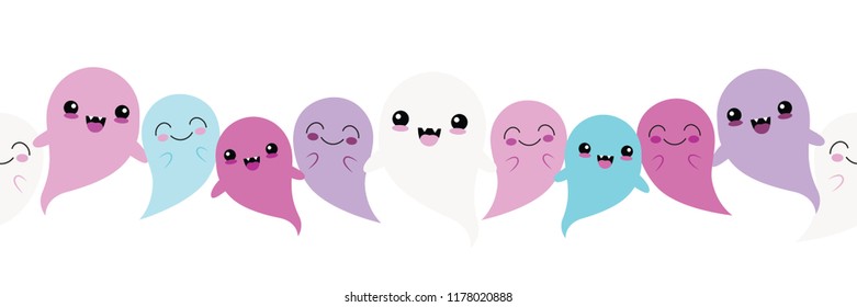 Vector Blue Purple Ghost Friends Seamless Border. Perfect for scrapbooking, kids, stationery, Halloween, and home decor projects.