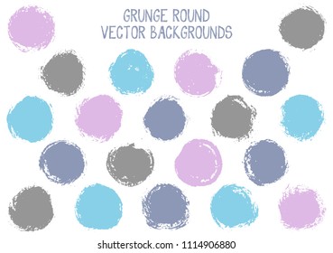 Vector blue purple grunge circles. Distressed stamp texture circle scratched label backgrounds. Circular tag icon, chalk logo shape, round button elements. Grunge round shape banner backgrounds set.