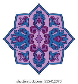 Vector blue and purple mandala on a white background. Oriental ornament. Abstract element for design. 