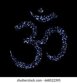 Vector blue purple Om Aum Ohm india symbol meditation. Hindu lucky symbol made of sparkle glitter circles on a black background. Starry om. Logo, t-shirt, card, web
