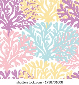 Vector blue purple pink yellow coral tree hand drawn seamless pattern print background.