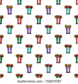 Vector blue, purple, red, green polka-dot wellies with autumn leaves illustration. Seamless pattern in watercolor style. Background for decoration seasonal celebration, fabrics, textile, cards, web.
