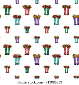Vector blue, purple, red, green polka-dot wellies with autumn leaves illustration. Seamless pattern in watercolor style. Background for decoration seasonal celebration, fabrics, textile, cards, web.