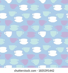 Vector blue purple white tea cups seamless pattern background. Tea cup silhouettes repeat.